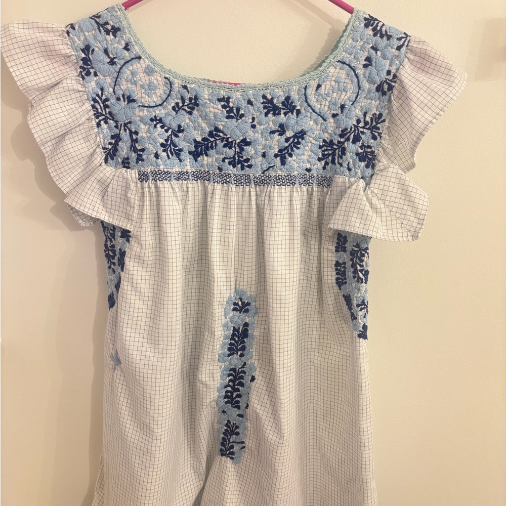 Mi Golondrina Blue and White Embroidered Blouse